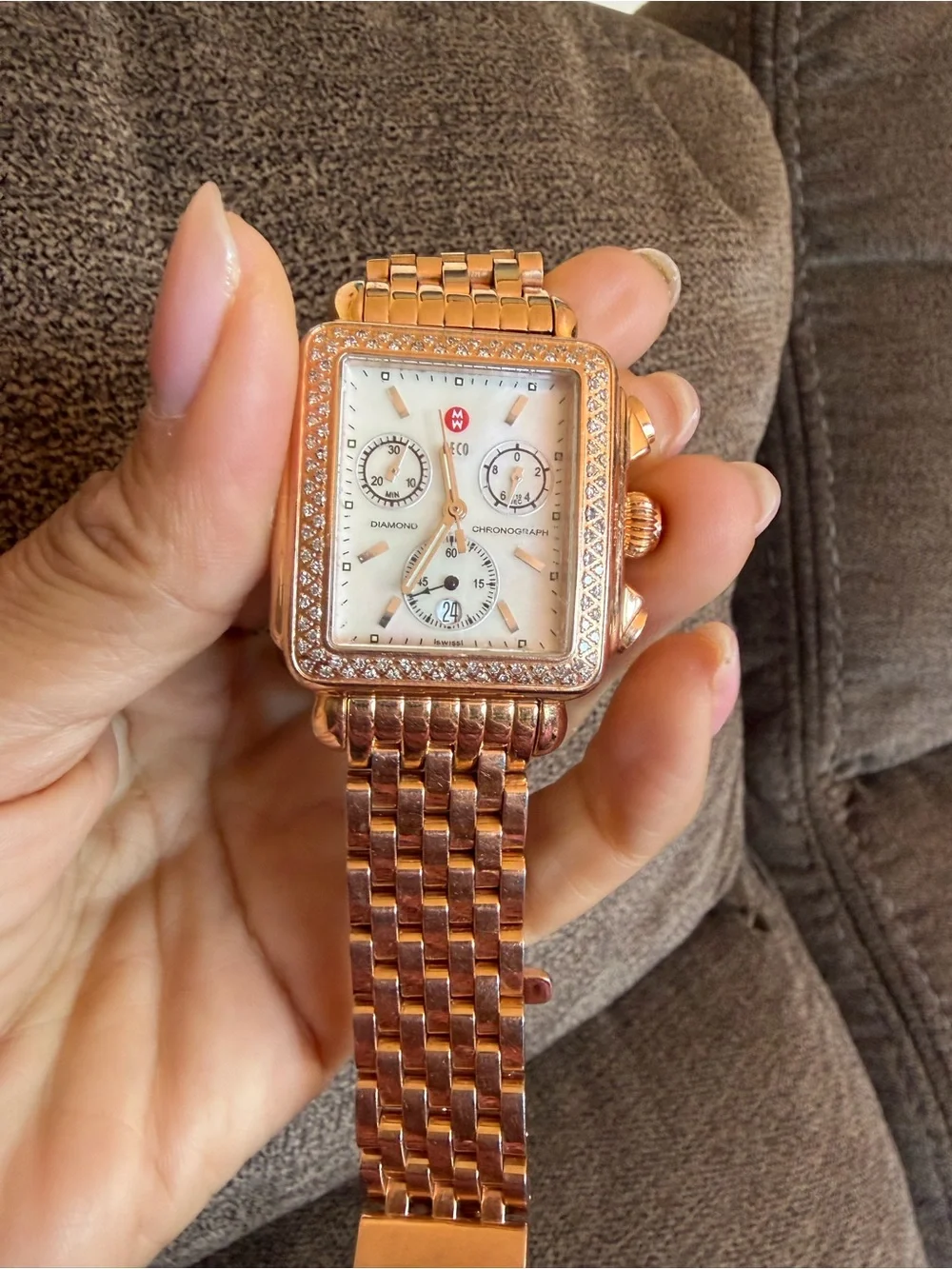 MICHELE Deco Diamond Chronograph Rose Gold-Tone Watch 6.25” band